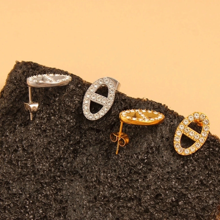 1 Pair Retro Simple Style Oval Inlay 304 Stainless Steel 316 Stainless Steel  Rhinestones 18K Gold Plated Ear Studs