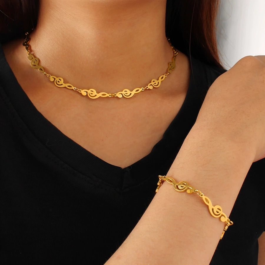 Jewelry IG Style Music Symbol Fish Bone 304 Stainless Steel 18K Gold Plated Bracelets Necklace