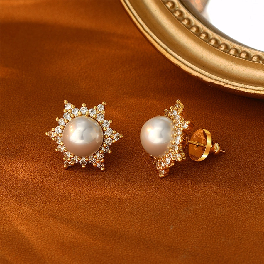 1 Pair Glam Luxurious French Style Flower Inlay Copper Freshwater Pearl Zircon 18K Gold Plated Ear Studs