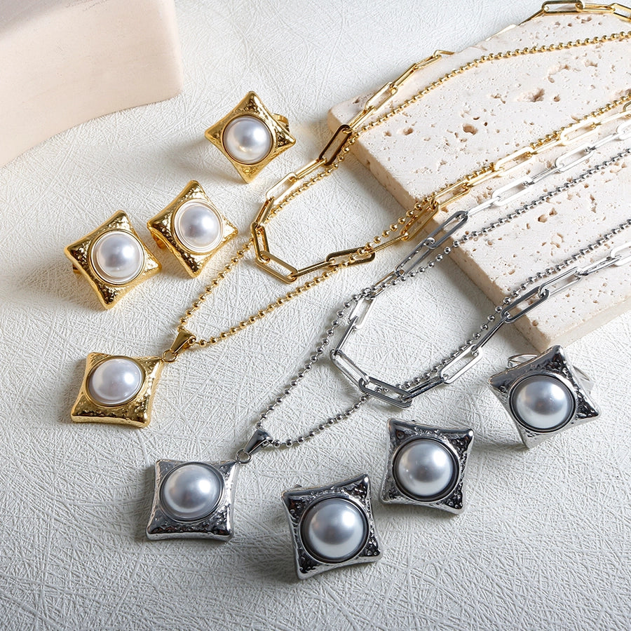 Jewelry IG Style Simple Style Commute Rhombus 304 Stainless Steel Pearl Inlay Rings Earrings Necklace
