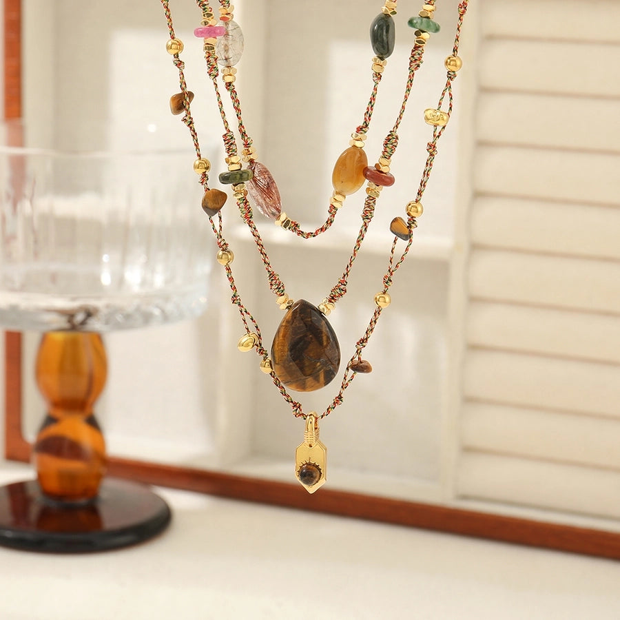 Casual Cute Commute Irregular 304 Stainless Steel natural stone Copper Woven Chain Necklace In Bulk