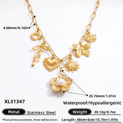 Jewelry Elegant Classic Style Heart Shape Flower 304 Stainless Steel Plating Multi Charms Necklace