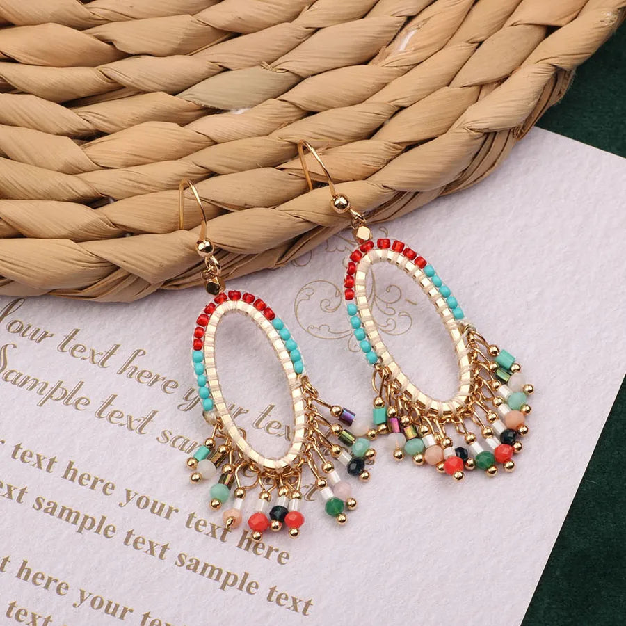 bohemian sector synthetic gemstones shell copper tassel mesh women's ear hook