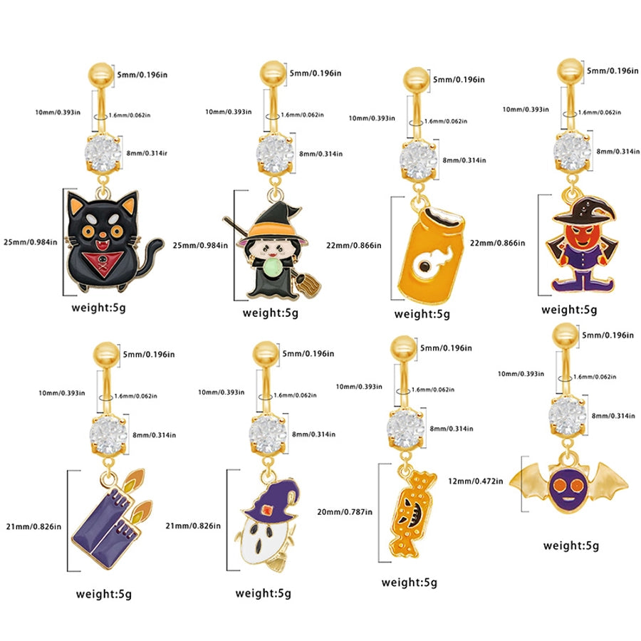 1 Piece Belly Rings Rock Punk Pumpkin Bat Skull 316 Stainless Steel  Alloy Epoxy Inlay Rhinestones Zircon Gold Plated