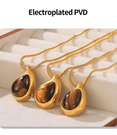 Jewelry Retro Classic Style Water Droplets 304 Stainless Steel Tiger Eye 18K Gold Plated Plating Inlay Pendant Necklace Necklace