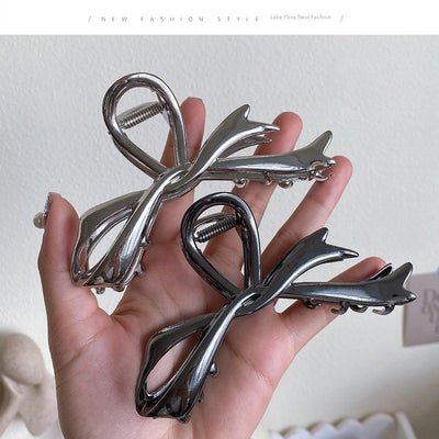 Ribbon bow hairpin for women  new back head clip shark clip high-end silver metal clip hairpin