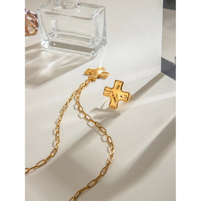 18K Gold Stainless Steel Hammer Pattern Oil Pressure Cross Pendant Clip Chain Necklace