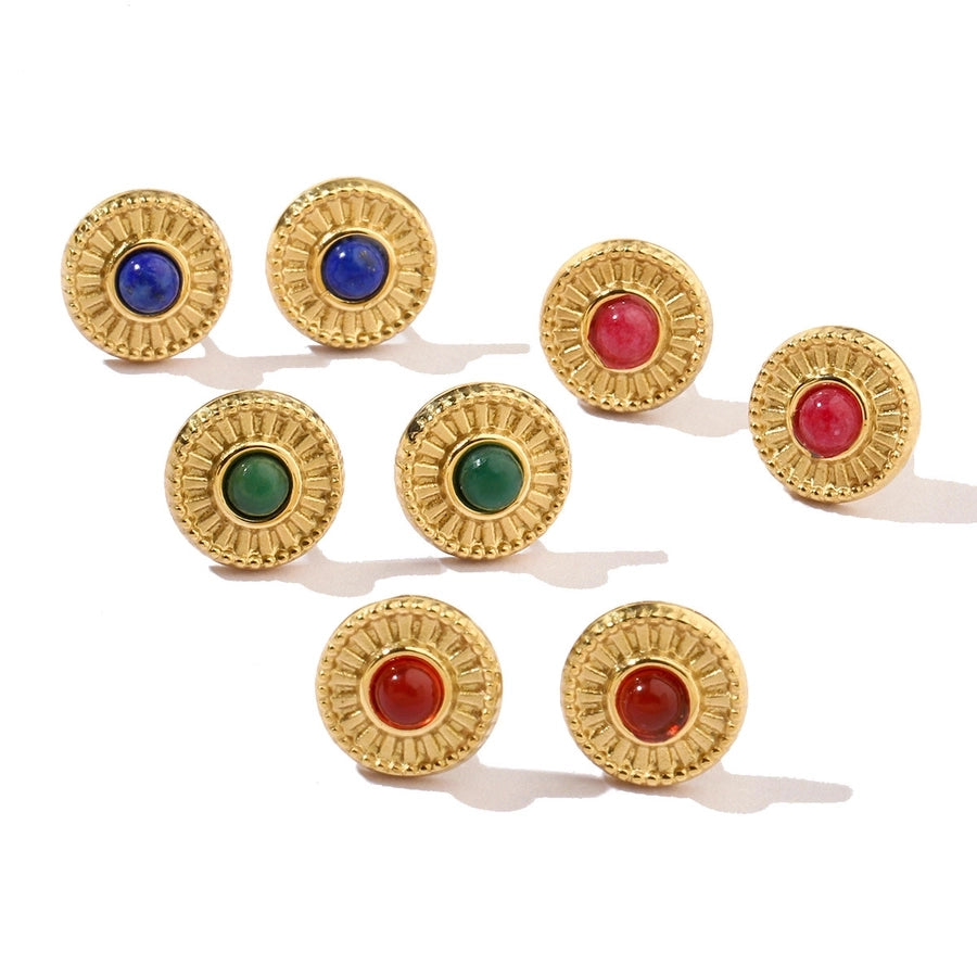 One Pack and Two Pairs Retro French Style Geometric Plating Titanium Steel Natural Stone 14K Gold Plated Ear Studs