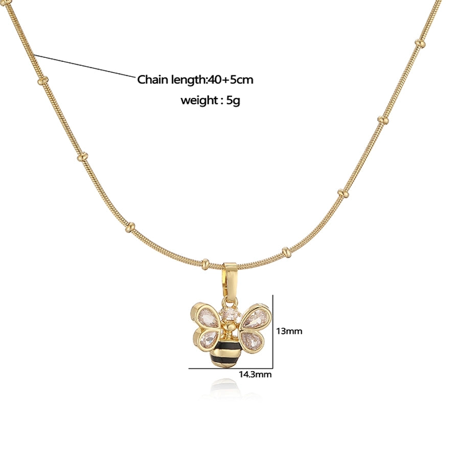 Jewelry Elegant Sweet Simple Style Pentagram Heart Shape Bee Copper Zircon 18K Gold Plated Enamel Inlay Pendant Necklace