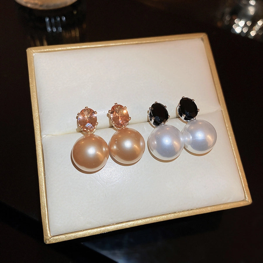 1 Pair Casual Simple Style Streetwear Geometric Inlay Copper Imitation Pearl Zircon Drop Earrings