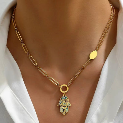 Titanium Steel Palm Eye Drop Oil 18K Gold Plated Bohemian Style Personality Fashion Vintage Necklace Bracelet Earring Set
