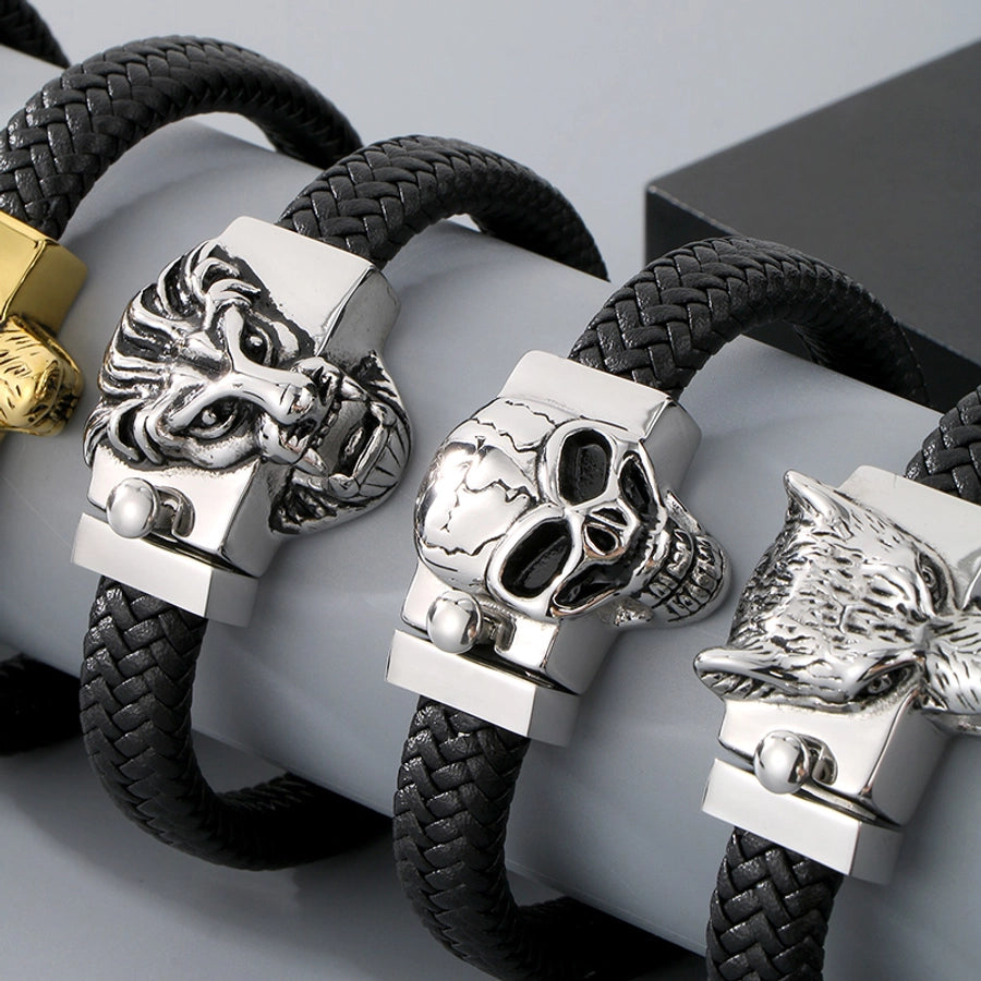 Business Lion's head Wolf Head Skull 304 Stainless Steel Leather 18K Gold Plated Men's Bracelets