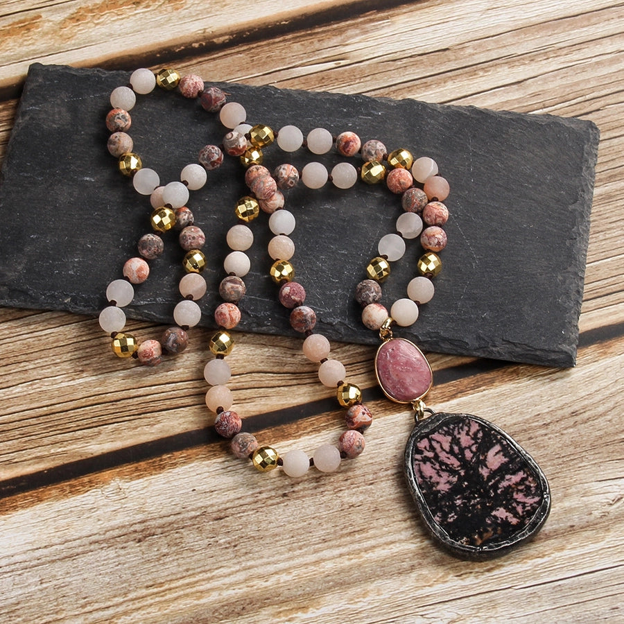 Bohemian Geometric natural stone Beaded Chain Pendant Necklace In Bulk