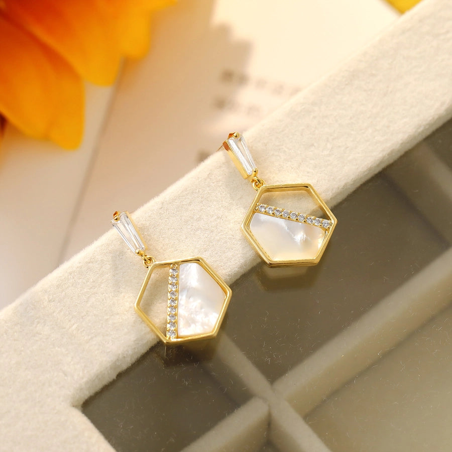 1 Pair Elegant Simple Style Commute Hexagon Inlay Copper White shell Zircon 14K Gold Plated Drop Earrings