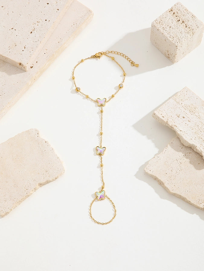 Simple Style Classic Style Petal Butterfly Bow Knot Titanium Steel 18K Gold Plated Rhinestones Bracelets In Bulk