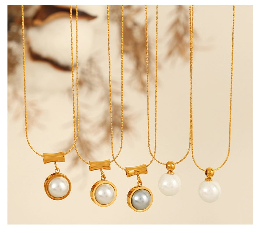 Jewelry IG Style Elegant Round 304 Stainless Steel Artificial Pearls 18K Gold Plated Polishing Inlay Pendant Necklace