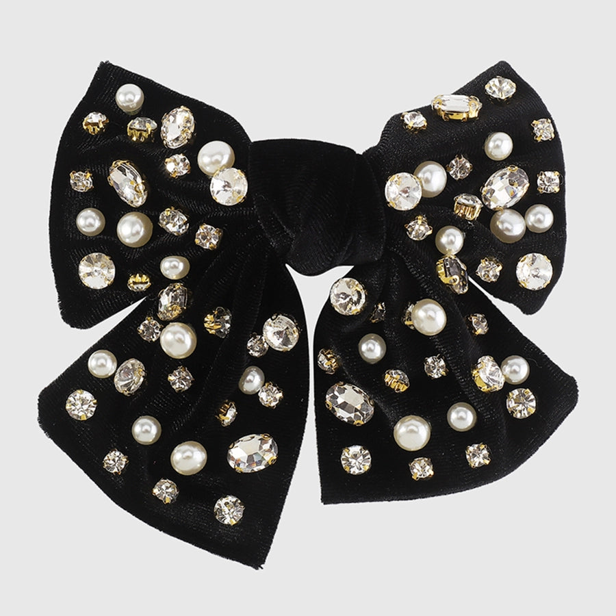 fashion bow knot alloy corduroy inlay artificial pearls rhinestones hair clip 1 piece