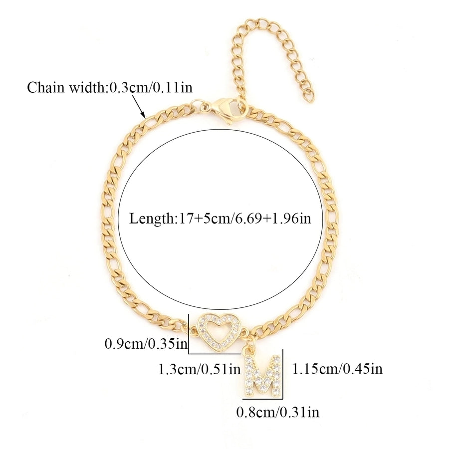 201 Stainless Steel Copper Inlay Letter Heart Shape Zircon Copper Bracelets