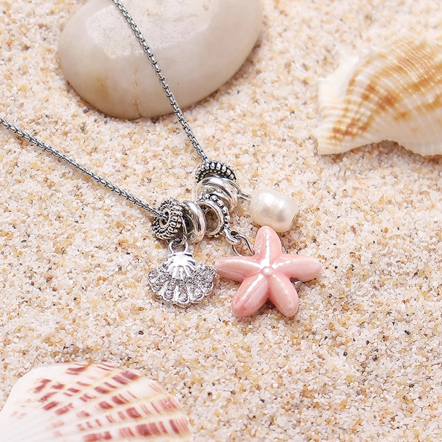 Hawaiian Vacation Starfish Shell Rhinestones Artificial Pearl Titanium Steel ceramics