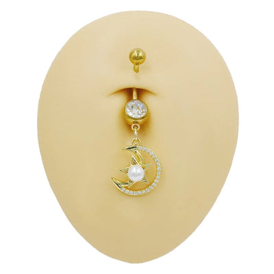 1 Piece Belly Rings Cute Sweet Star Moon Flower 316 Stainless Steel  Alloy Copper Inlay Rhinestones Pearl Gold Plated