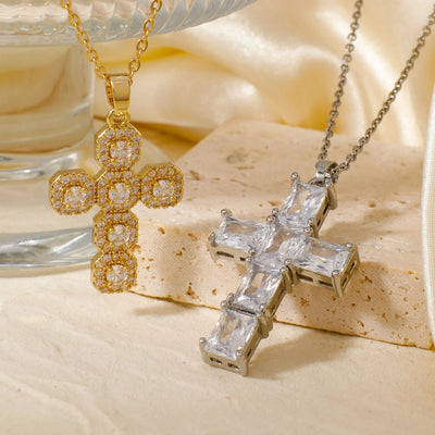 304 Stainless Steel Copper K Gold Plated Rhodium Plated Inlay Cross Zircon Pendant Necklace