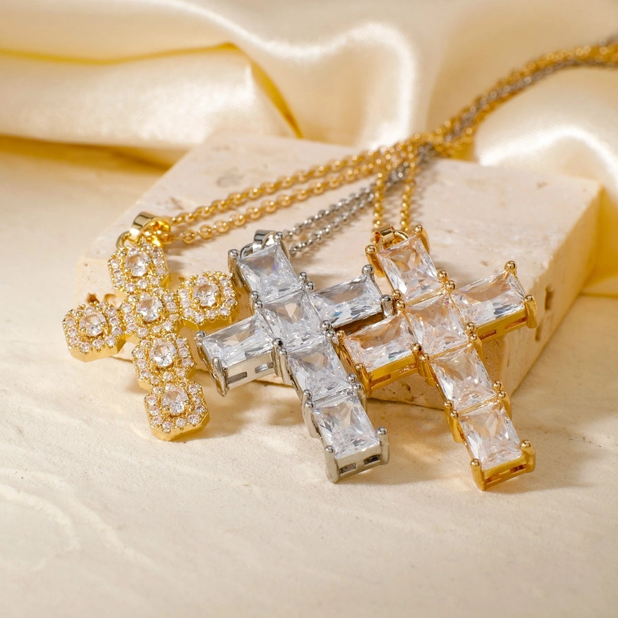 304 Stainless Steel Copper K Gold Plated Rhodium Plated Inlay Cross Zircon Pendant Necklace