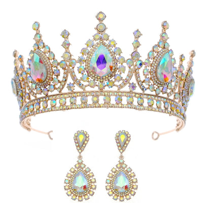 retro water droplets alloy hollow out inlay rhinestones crown earrings