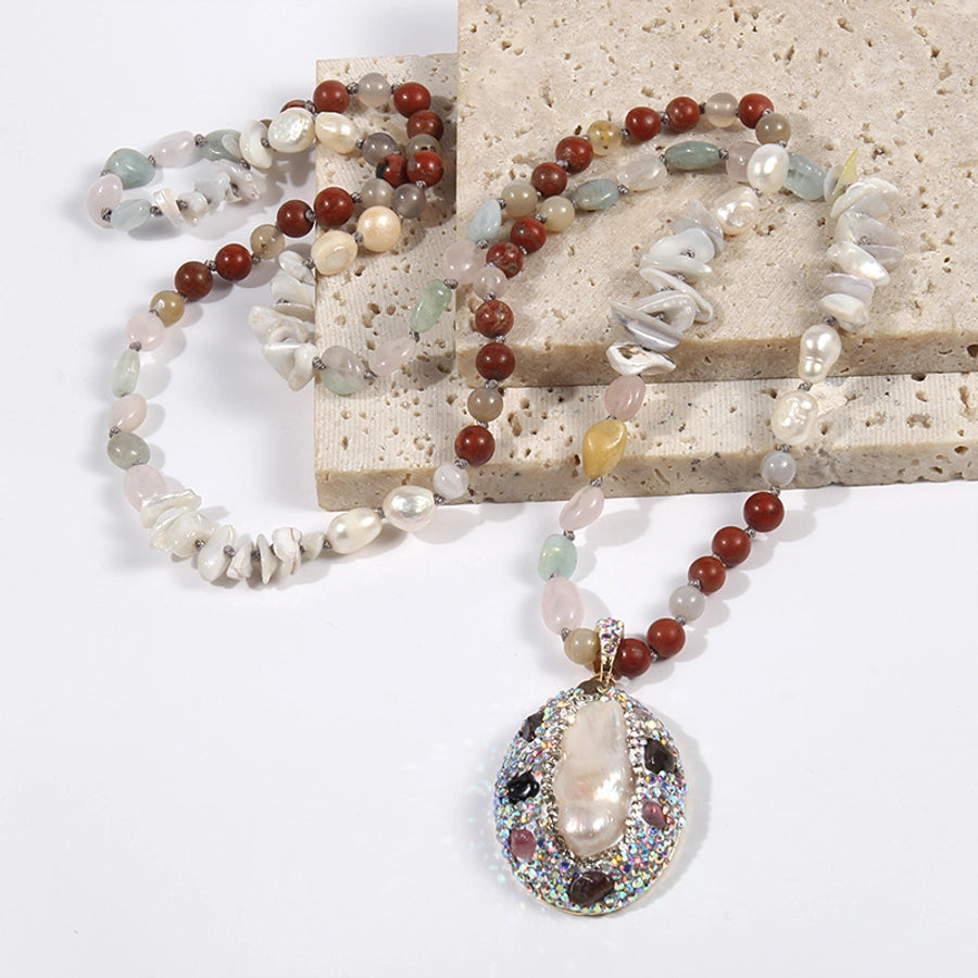 Bohemian Geometric natural stone Beaded Chain Pendant Necklace In Bulk