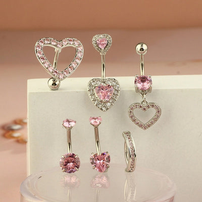 1 Piece 1 Set Belly Rings Hip-Hop Shiny Heart Shape 316L Stainless Steel  Copper Hollow Out Inlay Zircon Belly Rings
