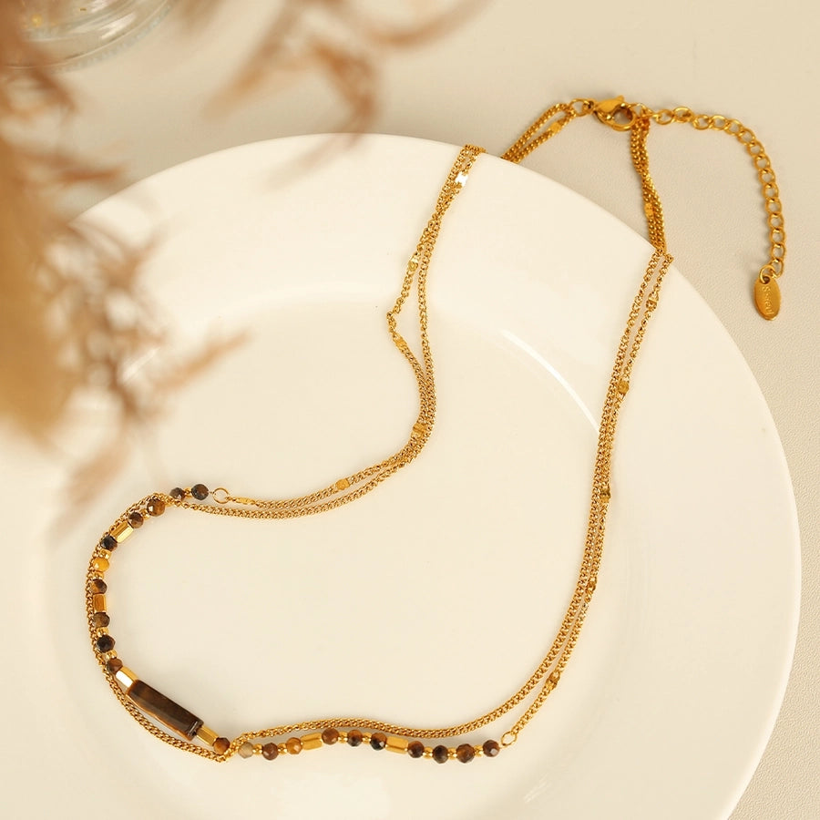 Jewelry IG Style Vintage Style Geometric 304 Stainless Steel Tiger Eye 18K Gold Plated Polishing Double Layer Necklaces