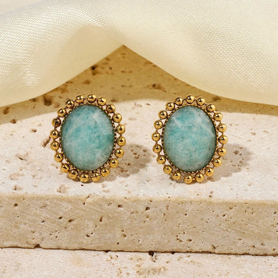 One Pack and Two Pairs Retro French Style Geometric Plating Titanium Steel Natural Stone 14K Gold Plated Ear Studs