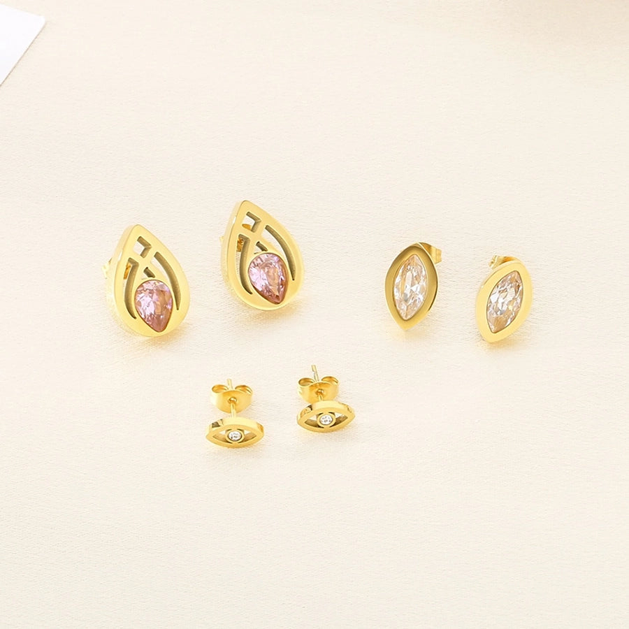 1 Pair Vintage Style Water Droplets Hollow Out Inlay 304 Stainless Steel Zircon 18K Gold Plated Ear Studs