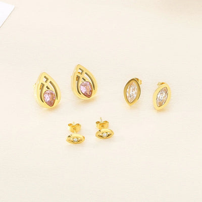 1 Pair Vintage Style Water Droplets Hollow Out Inlay 304 Stainless Steel Zircon 18K Gold Plated Ear Studs