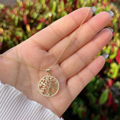 Copper 18K Gold Plated Inlay Round Heart Shape Life Tree Zircon Pendant Necklace