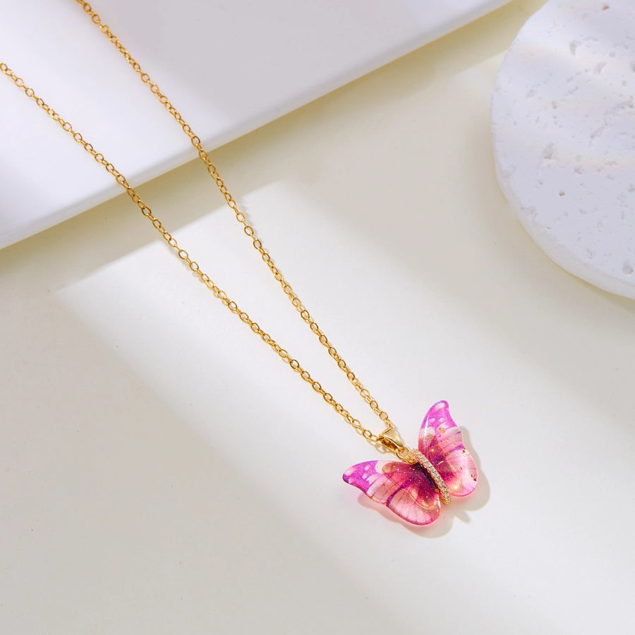Jewelry Elegant Cute Classic Style Butterfly 201 Stainless Steel Resin Copper Zircon Inlay Pendant Necklace