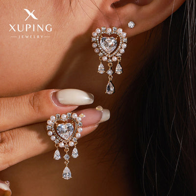 1 Pair Luxurious Sweet Heart Shape Plating Copper Artificial Gemstones 18K Gold Plated Drop Earrings