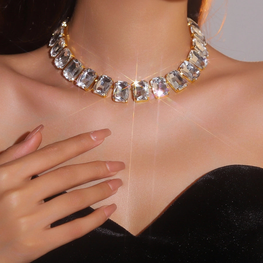 Copper Tennis Chain Inlay Rectangle Rhinestones Pendant Necklace