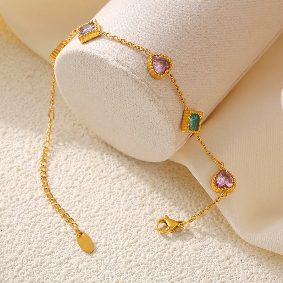 Preppy Style Commute Shiny Square Heart Shape Titanium Steel 18K Gold Plated Zircon Bracelets In Bulk