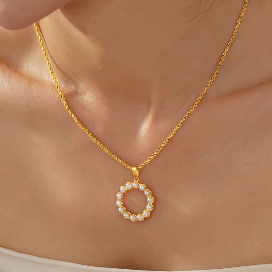 Jewelry Elegant Round 304 Stainless Steel Artificial Pearls 18K Gold Plated Plating Inlay Rings Necklace