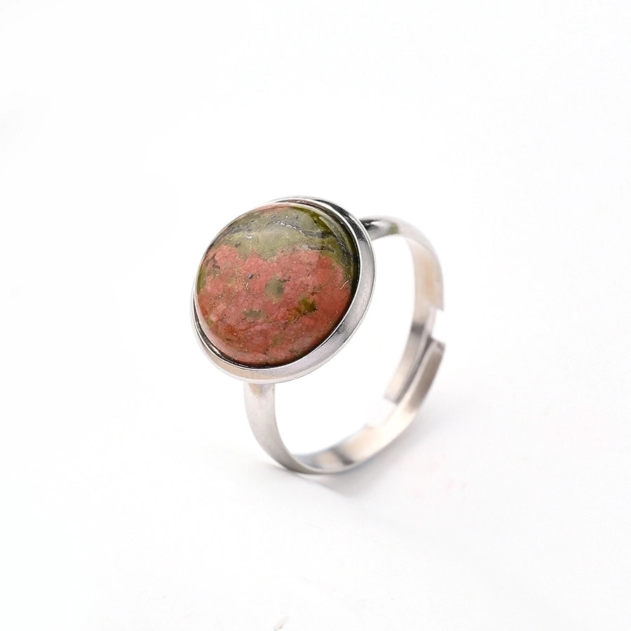 Jewelry Casual Simple Style Round Spot Solid Color 304 Stainless Steel Natural Stone Opal Polishing Inlay Adjustable Ring