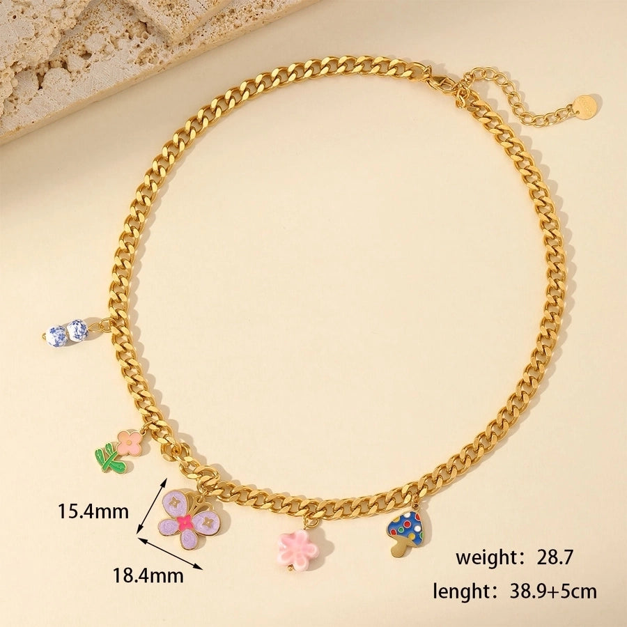 Jewelry Cute Sweet Flower Mushroom Butterfly 304 Stainless Steel 18K Gold Plated Enamel Plating Multi Charms Necklace Bracelets Earrings