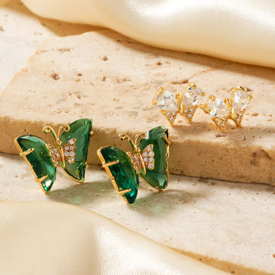 1 Pair Japanese Style Simple Style Shiny Butterfly Three-dimensional Inlay Copper Zircon K Gold Plated Ear Studs