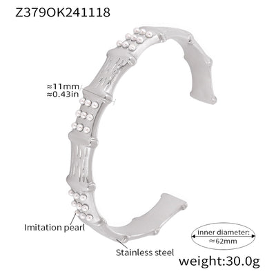 Elegant Luxurious Geometric 304 Stainless Steel 18K Gold Plated Artificial Pearls Bangle In Bulk