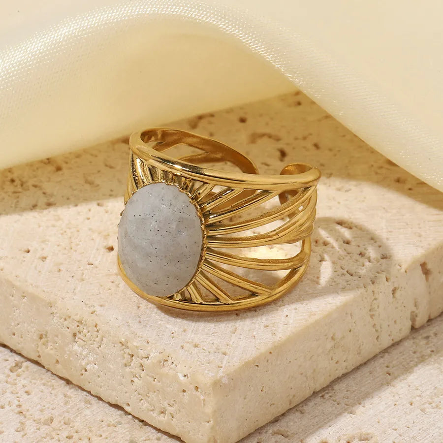 Wholesale Jewelry Retro French Style Oval Titanium Steel Natural Stone 14K Gold Plated Plating Inlay Open Rings
