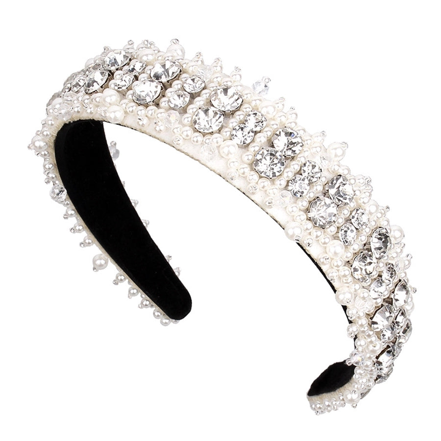 Women's Lady Geometric Artificial Pearl Cloth Rhinestone Hair Band