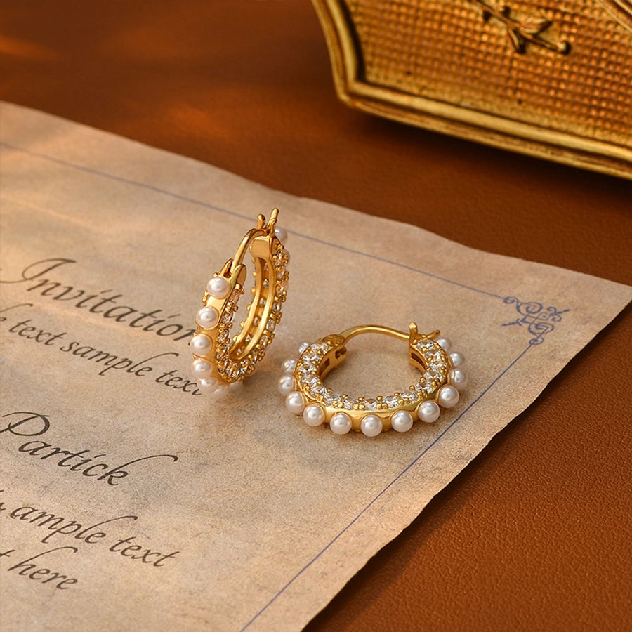 1 Pair Elegant Classical Sweet Circle Inlay Copper Freshwater Pearl Zircon 18K Gold Plated Earrings