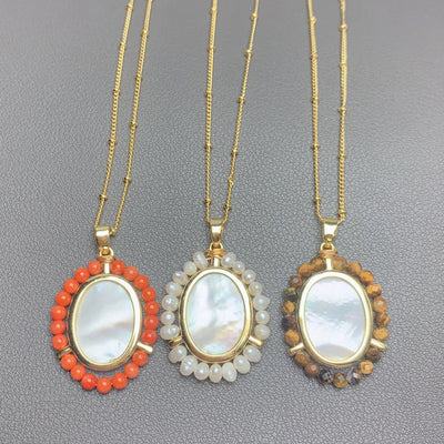 Mother pearl shellfish Copper Geometric Virgin Mary Color Block Pendant Necklace