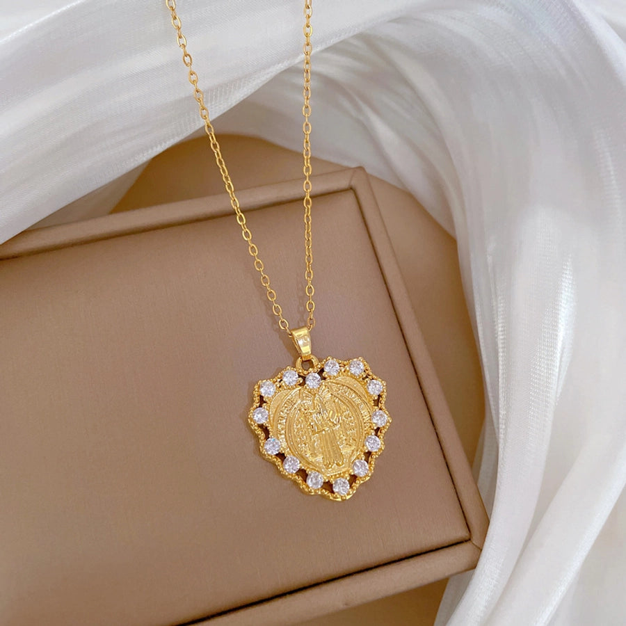 Jewelry Classic Style Roman Style Portrait Heart Shape Titanium Steel Copper Zircon Gold Plated Pendant Necklace