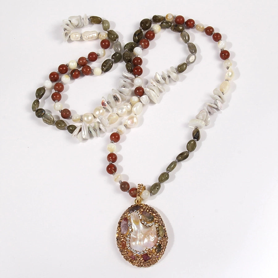 Bohemian Geometric natural stone Beaded Chain Pendant Necklace In Bulk