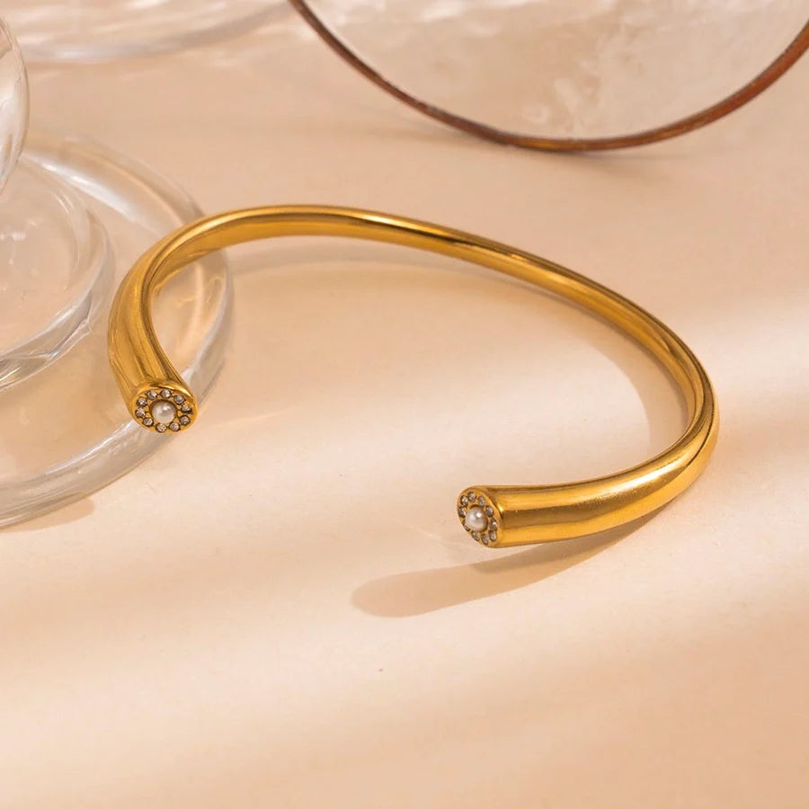 Romantic Simple Style C Shape 304 Stainless Steel Artificial Pearls Zircon Bangle In Bulk